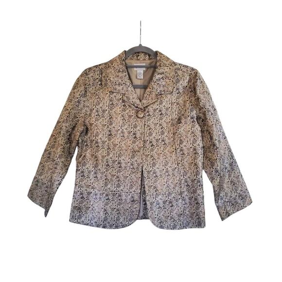 Chico's Gold Blue Taupe Satin Brocade Metallic 1-Button Lightweight Jacket Small - Picture 1 of 13